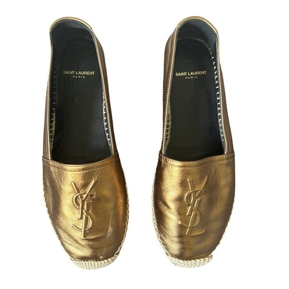 Saint Laurent Logo Embossed Espadrille Flats Gold Bronze Leather YSL Size 37.5 - Picture 2 of 11